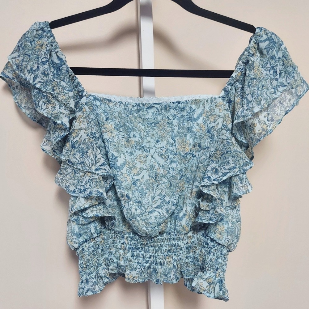 Chelsea Violet Floral Square Neck Smocked Crop Top L Ruffle Cottage Coquette